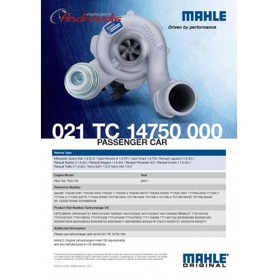 GT1549S Mitsubishi/Renault/Volvo/Opel 1.9 dCI/DI-D/D MAHLE GERMANY
